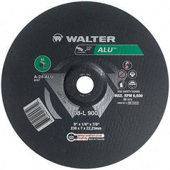 WALTER Surface Technologies - 24 Grit, 9" Wheel Diam, 1/4" Wheel Thickness, 7/8" Arbor Hole, Type 27 Depressed Center Wheel - Aluminum Oxide, Resinoid Bond, 6,600 Max RPM - Exact Industrial Supply