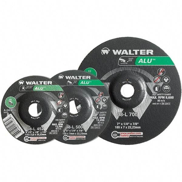 WALTER Surface Technologies - 24 Grit, 7" Wheel Diam, 1/8" Wheel Thickness, Type 27 Depressed Center Wheel - Aluminum Oxide, Resinoid Bond, 8,600 Max RPM - Exact Industrial Supply
