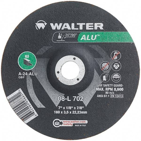 WALTER Surface Technologies - 24 Grit, 7" Wheel Diam, 1/8" Wheel Thickness, 7/8" Arbor Hole, Type 27 Depressed Center Wheel - Aluminum Oxide, Resinoid Bond, 8,600 Max RPM - Exact Industrial Supply