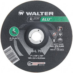 WALTER Surface Technologies - 24 Grit, 7" Wheel Diam, 1/8" Wheel Thickness, 7/8" Arbor Hole, Type 27 Depressed Center Wheel - Aluminum Oxide, Resinoid Bond, 8,600 Max RPM - Exact Industrial Supply