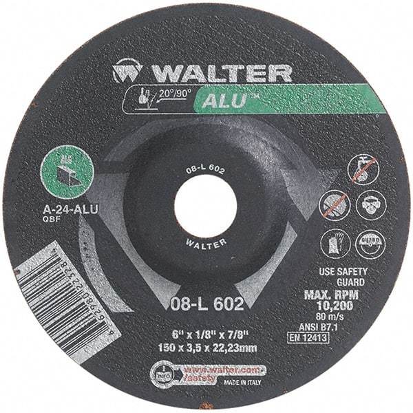 WALTER Surface Technologies - 24 Grit, 6" Wheel Diam, 1/8" Wheel Thickness, 7/8" Arbor Hole, Type 27 Depressed Center Wheel - Aluminum Oxide, Resinoid Bond, 10,200 Max RPM - Exact Industrial Supply