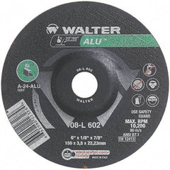 WALTER Surface Technologies - 24 Grit, 6" Wheel Diam, 1/8" Wheel Thickness, 7/8" Arbor Hole, Type 27 Depressed Center Wheel - Aluminum Oxide, Resinoid Bond, 10,200 Max RPM - Exact Industrial Supply