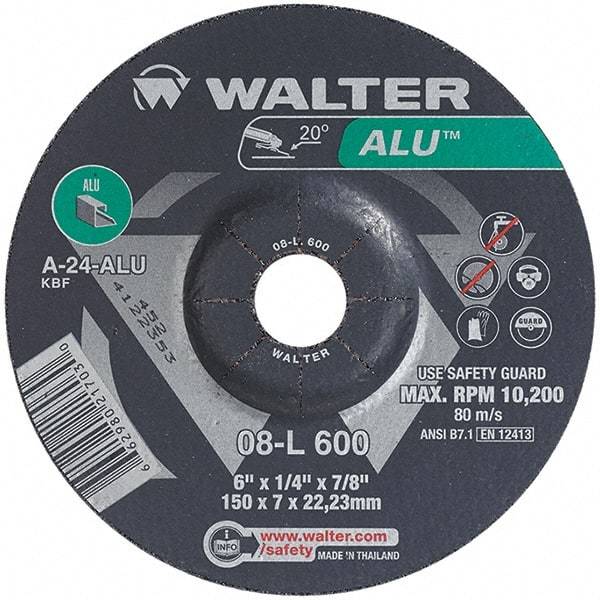WALTER Surface Technologies - 24 Grit, 6" Wheel Diam, 1/4" Wheel Thickness, 7/8" Arbor Hole, Type 27 Depressed Center Wheel - Aluminum Oxide, Resinoid Bond, 10,200 Max RPM - Exact Industrial Supply