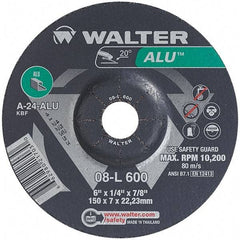 WALTER Surface Technologies - 24 Grit, 6" Wheel Diam, 1/4" Wheel Thickness, 7/8" Arbor Hole, Type 27 Depressed Center Wheel - Aluminum Oxide, Resinoid Bond, 10,200 Max RPM - Exact Industrial Supply