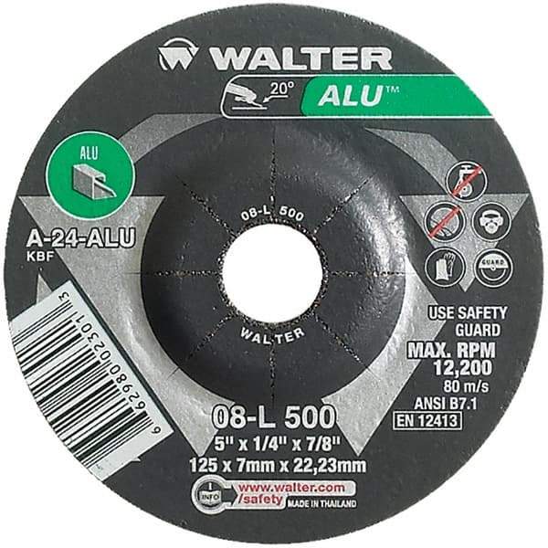 WALTER Surface Technologies - 24 Grit, 5" Wheel Diam, 1/4" Wheel Thickness, 7/8" Arbor Hole, Type 27 Depressed Center Wheel - Aluminum Oxide, Resinoid Bond, 12,200 Max RPM - Exact Industrial Supply