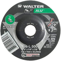 WALTER Surface Technologies - 24 Grit, 5" Wheel Diam, 1/4" Wheel Thickness, 7/8" Arbor Hole, Type 27 Depressed Center Wheel - Aluminum Oxide, Resinoid Bond, 12,200 Max RPM - Exact Industrial Supply