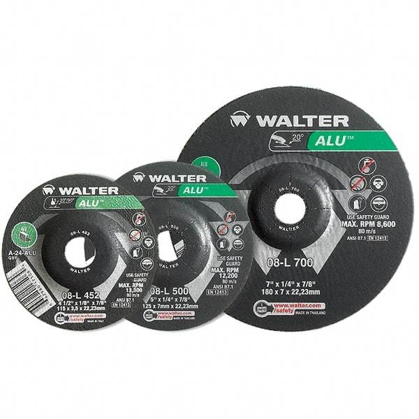 WALTER Surface Technologies - 24 Grit, 4-1/2" Wheel Diam, 1/4" Wheel Thickness, Type 27 Depressed Center Wheel - Aluminum Oxide, Resinoid Bond, 13,300 Max RPM - Exact Industrial Supply