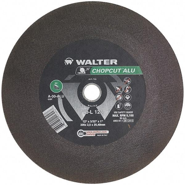 WALTER Surface Technologies - 12" 30 Grit Aluminum Oxide Cutoff Wheel - 3/32" Thick, 1" Arbor, 5,100 Max RPM, Use with Chop Saws - Exact Industrial Supply