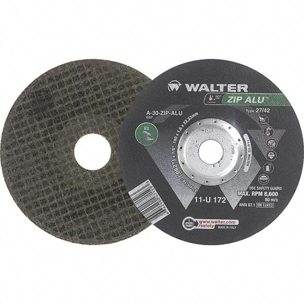 WALTER Surface Technologies - 30 Grit, 7" Wheel Diam, 1/16" Wheel Thickness, 7/8" Arbor Hole, Type 27 Depressed Center Wheel - Aluminum Oxide, Resinoid Bond, 8,600 Max RPM - Exact Industrial Supply