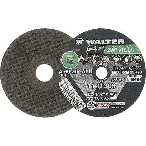 WALTER Surface Technologies - 3" 60 Grit Aluminum Oxide Cutoff Wheel - 1/32" Thick, 3/8" Arbor, 25,470 Max RPM, Use with Die Grinders - Exact Industrial Supply