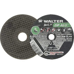 WALTER Surface Technologies - 3" 60 Grit Aluminum Oxide Cutoff Wheel - 1/32" Thick, 3/8" Arbor, 25,470 Max RPM, Use with Die Grinders - Exact Industrial Supply