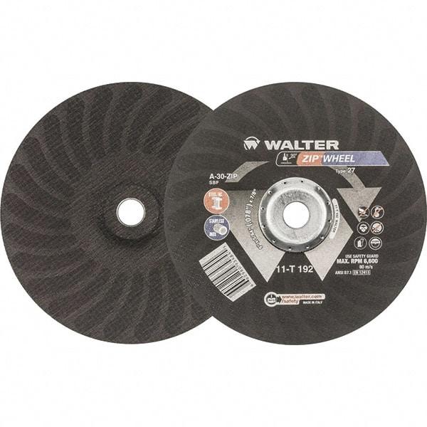 WALTER Surface Technologies - 30 Grit, 9" Wheel Diam, 5/64" Wheel Thickness, 7/8" Arbor Hole, Type 27 Depressed Center Wheel - Aluminum Oxide, Resinoid Bond, 6,600 Max RPM - Exact Industrial Supply