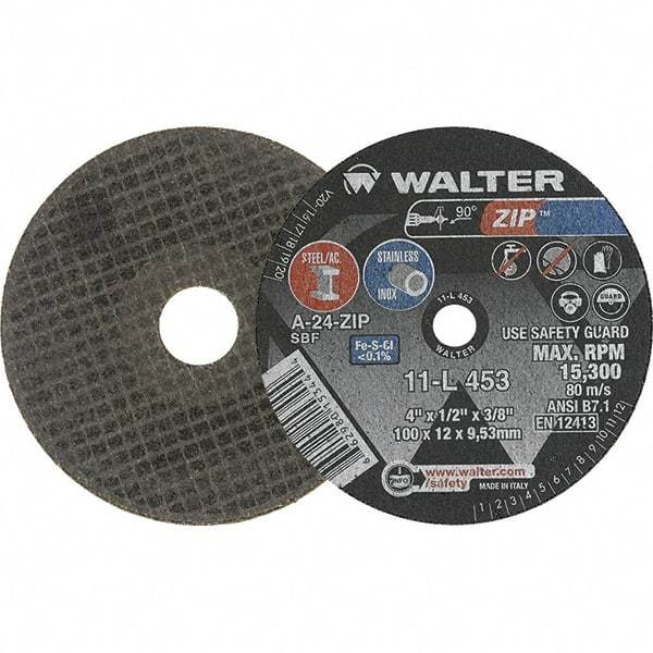 WALTER Surface Technologies - 4" 24 Grit Aluminum Oxide Cutoff Wheel - 1/2" Thick, 3/8" Arbor, 19,100 Max RPM, Use with Die Grinders - Exact Industrial Supply