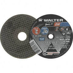 WALTER Surface Technologies - 4" 24 Grit Aluminum Oxide Cutoff Wheel - 1/2" Thick, 3/8" Arbor, 19,100 Max RPM, Use with Die Grinders - Exact Industrial Supply