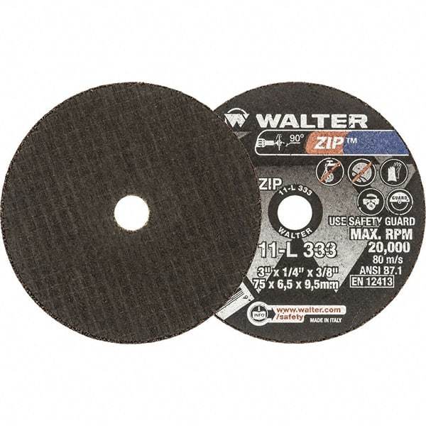 WALTER Surface Technologies - 3" 24 Grit Aluminum Oxide Cutoff Wheel - 1/4" Thick, 3/8" Arbor, 25,470 Max RPM, Use with Die Grinders - Exact Industrial Supply