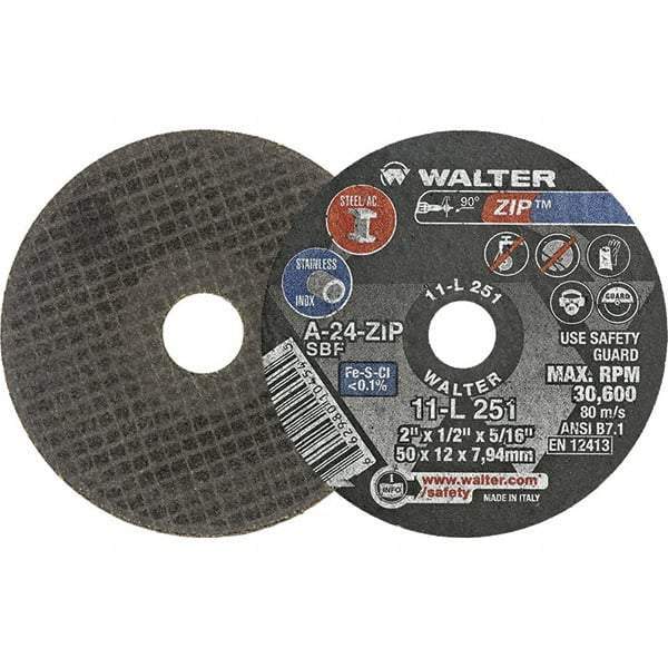 WALTER Surface Technologies - 2" 24 Grit Aluminum Oxide Cutoff Wheel - 1/2" Thick, 5/16" Arbor, 31,000 Max RPM, Use with Die Grinders - Exact Industrial Supply