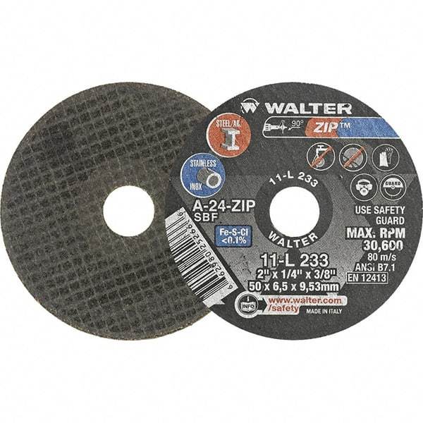 WALTER Surface Technologies - 2" 24 Grit Aluminum Oxide Cutoff Wheel - 1/4" Thick, 3/8" Arbor, 31,000 Max RPM, Use with Die Grinders - Exact Industrial Supply