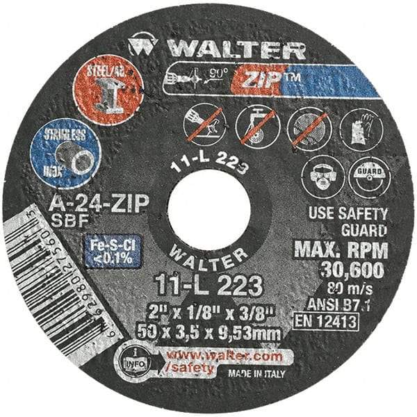 WALTER Surface Technologies - 2" 24 Grit Aluminum Oxide Cutoff Wheel - 1/8" Thick, 3/8" Arbor, 31,000 Max RPM, Use with Die Grinders - Exact Industrial Supply