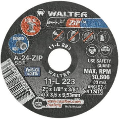 WALTER Surface Technologies - 2" 24 Grit Aluminum Oxide Cutoff Wheel - 1/8" Thick, 3/8" Arbor, 31,000 Max RPM, Use with Die Grinders - Exact Industrial Supply