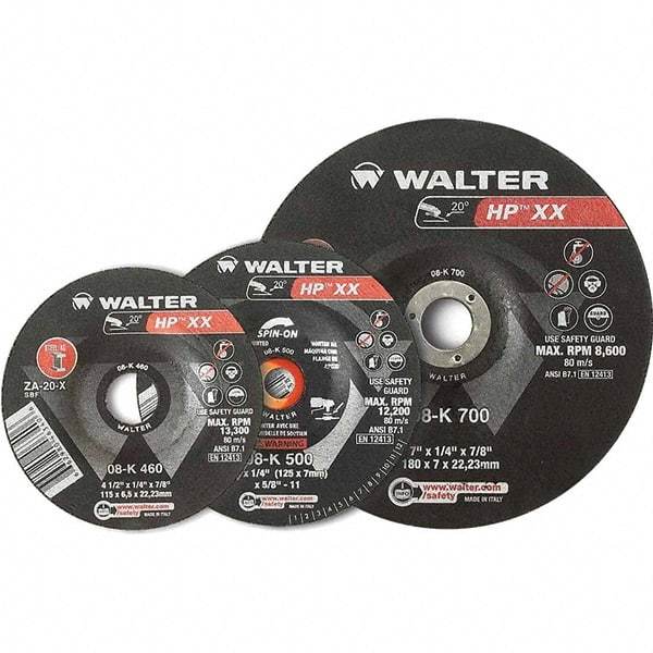 WALTER Surface Technologies - 16 Grit, 9" Wheel Diam, 1/4" Wheel Thickness, Type 28 Depressed Center Wheel - Aluminum Oxide, Resinoid Bond, 6,600 Max RPM - Exact Industrial Supply