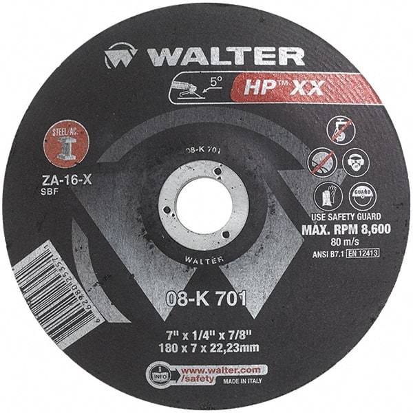 WALTER Surface Technologies - 16 Grit, 7" Wheel Diam, 1/4" Wheel Thickness, 7/8" Arbor Hole, Type 28 Depressed Center Wheel - Aluminum Oxide, Resinoid Bond, 8,600 Max RPM - Exact Industrial Supply
