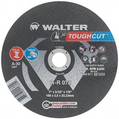 WALTER Surface Technologies - 7" 30 Grit Aluminum Oxide Cutoff Wheel - 3/32" Thick, 7/8" Arbor, 8,600 Max RPM, Use with Angle Grinders - Exact Industrial Supply