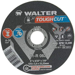WALTER Surface Technologies - 5" 30 Grit Aluminum Oxide Cutoff Wheel - 3/32" Thick, 7/8" Arbor, 12,200 Max RPM, Use with Angle Grinders - Exact Industrial Supply