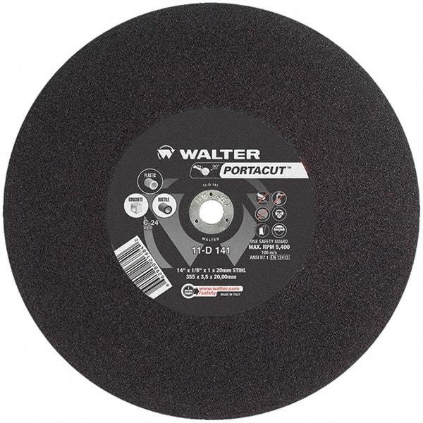 WALTER Surface Technologies - 14" 24 Grit Aluminum Oxide Cutoff Wheel - 1/8" Thick, 20mm Arbor, 5,400 Max RPM, Use with Electric & Gas Powered Saws - Exact Industrial Supply
