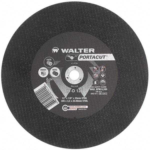 WALTER Surface Technologies - 12" 24 Grit Aluminum Oxide Cutoff Wheel - 1/8" Thick, 20mm Arbor, 6,300 Max RPM, Use with Electric & Gas Powered Saws - Exact Industrial Supply