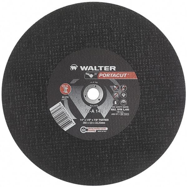 WALTER Surface Technologies - 14" 24 Grit Aluminum Oxide Cutoff Wheel - 1/8" Thick, 7/8" Arbor, 5,400 Max RPM, Use with Electric & Gas Powered Saws - Exact Industrial Supply