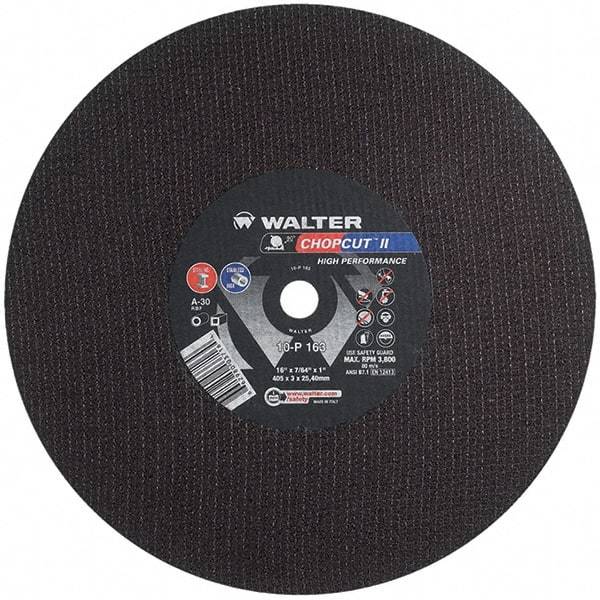 WALTER Surface Technologies - 16" 30 Grit Aluminum Oxide Cutoff Wheel - 7/64" Thick, 1" Arbor, 3,800 Max RPM, Use with Chop Saws - Exact Industrial Supply