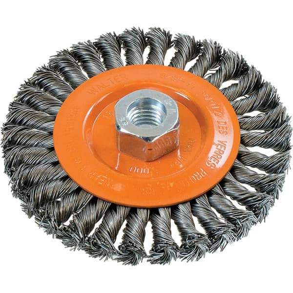 WALTER Surface Technologies - 5" OD, 5/8-11 Arbor Hole, Knotted Steel Wheel Brush - 3/8" Face Width, 0.02" Filament Diam, 15,000 RPM - Exact Industrial Supply