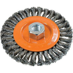 WALTER Surface Technologies - 5" OD, 5/8-11 Arbor Hole, Knotted Steel Wheel Brush - 3/8" Face Width, 0.02" Filament Diam, 15,000 RPM - Exact Industrial Supply