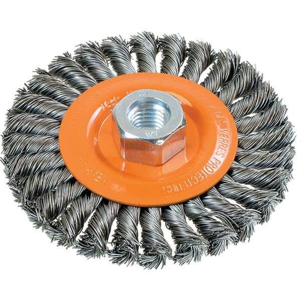 WALTER Surface Technologies - 4-1/2" OD, 5/8-11 Arbor Hole, Knotted Steel Wheel Brush - 3/8" Face Width, 0.02" Filament Diam, 15,000 RPM - Exact Industrial Supply