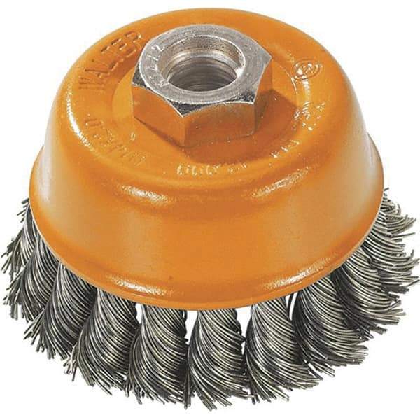 WALTER Surface Technologies - 3" Diam, 1/2-13 Threaded Arbor, Steel Fill Cup Brush - 0.015 Wire Diam, 12,000 Max RPM - Exact Industrial Supply