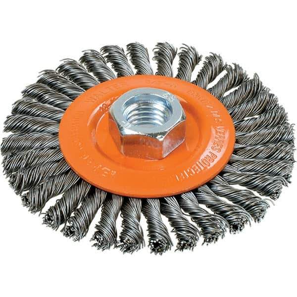 WALTER Surface Technologies - 4" OD, 5/8-11 Arbor Hole, Stringer Bead Steel Wheel Brush - 3/16" Face Width, 0.02" Filament Diam, 20,000 RPM - Exact Industrial Supply