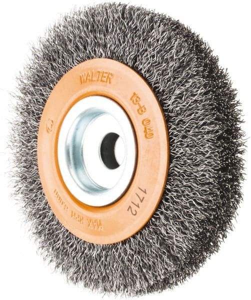 WALTER Surface Technologies - 4" OD, 1/2" Arbor Hole, Crimped Steel Wheel Brush - 3/4" Face Width, 0.0118" Filament Diam, 6,000 RPM - Exact Industrial Supply