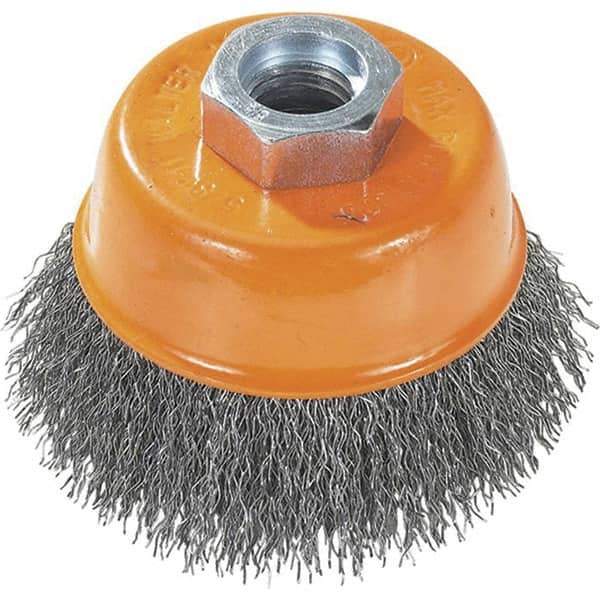 WALTER Surface Technologies - 5" Diam, 5/8-11 Threaded Arbor, Steel Fill Cup Brush - 0.02 Wire Diam, 8,600 Max RPM - Exact Industrial Supply