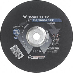 WALTER Surface Technologies - 46 Grit, 9" Wheel Diam, 5/64" Wheel Thickness, 7/8" Arbor Hole, Type 27 Depressed Center Wheel - Aluminum Oxide/Silicon Carbide Blend, Resinoid Bond, 6,600 Max RPM - Exact Industrial Supply