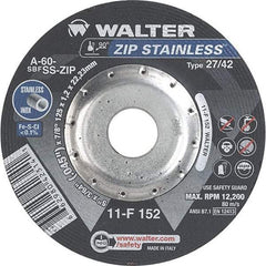 WALTER Surface Technologies - 60 Grit, 5" Wheel Diam, 3/64" Wheel Thickness, 7/8" Arbor Hole, Type 27 Depressed Center Wheel - Aluminum Oxide/Silicon Carbide Blend, Resinoid Bond, 12,200 Max RPM - Exact Industrial Supply