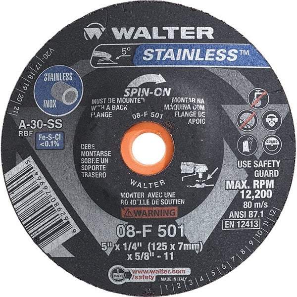 WALTER Surface Technologies - 30 Grit, 5" Wheel Diam, 1/4" Wheel Thickness, Type 28 Depressed Center Wheel - Aluminum Oxide, Resinoid Bond, 12,200 Max RPM - Exact Industrial Supply
