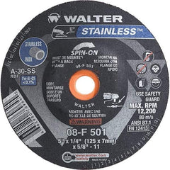 WALTER Surface Technologies - 30 Grit, 5" Wheel Diam, 1/4" Wheel Thickness, Type 28 Depressed Center Wheel - Aluminum Oxide, Resinoid Bond, 12,200 Max RPM - Exact Industrial Supply