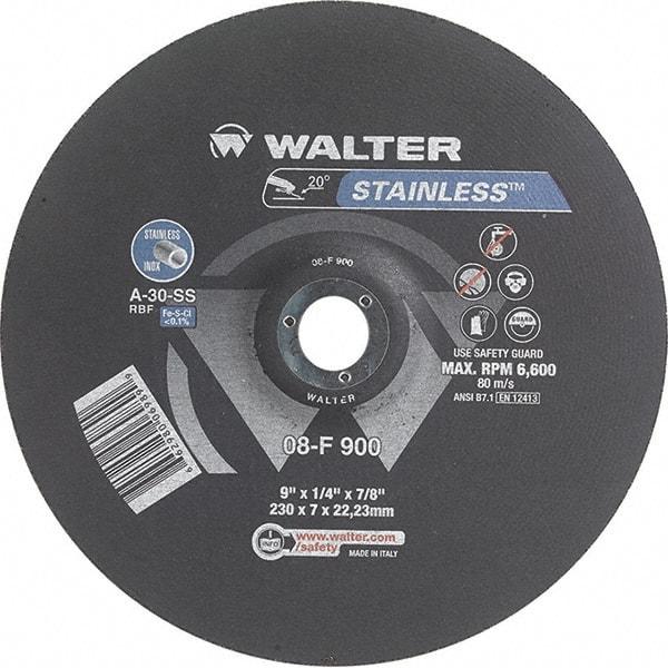 WALTER Surface Technologies - 30 Grit, 9" Wheel Diam, 1/4" Wheel Thickness, 7/8" Arbor Hole, Type 27 Depressed Center Wheel - Aluminum Oxide, Resinoid Bond, 6,600 Max RPM - Exact Industrial Supply