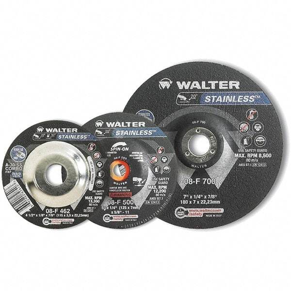 WALTER Surface Technologies - 30 Grit, 7" Wheel Diam, 1/8" Wheel Thickness, Type 27 Depressed Center Wheel - Aluminum Oxide, Resinoid Bond, 8,600 Max RPM - Exact Industrial Supply
