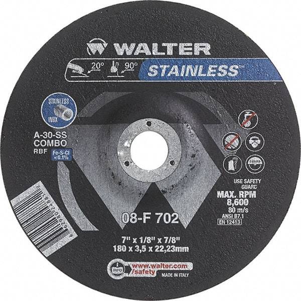 WALTER Surface Technologies - 30 Grit, 7" Wheel Diam, 1/8" Wheel Thickness, 7/8" Arbor Hole, Type 27 Depressed Center Wheel - Aluminum Oxide, Resinoid Bond, 8,600 Max RPM - Exact Industrial Supply