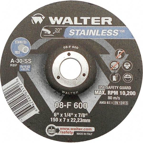 WALTER Surface Technologies - 30 Grit, 6" Wheel Diam, 1/4" Wheel Thickness, 7/8" Arbor Hole, Type 27 Depressed Center Wheel - Aluminum Oxide, Resinoid Bond, 10,200 Max RPM - Exact Industrial Supply
