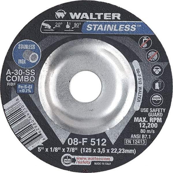 WALTER Surface Technologies - 30 Grit, 5" Wheel Diam, 1/8" Wheel Thickness, 7/8" Arbor Hole, Type 27 Depressed Center Wheel - Aluminum Oxide, Resinoid Bond, 12,200 Max RPM - Exact Industrial Supply