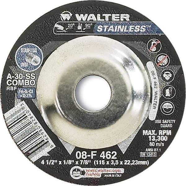 WALTER Surface Technologies - 30 Grit, 4-1/2" Wheel Diam, 1/8" Wheel Thickness, 7/8" Arbor Hole, Type 27 Depressed Center Wheel - Aluminum Oxide, Resinoid Bond, 13,300 Max RPM - Exact Industrial Supply