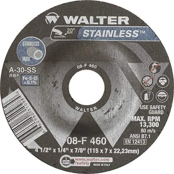 WALTER Surface Technologies - 30 Grit, 4-1/2" Wheel Diam, 1/4" Wheel Thickness, 7/8" Arbor Hole, Type 27 Depressed Center Wheel - Aluminum Oxide, Resinoid Bond, 13,300 Max RPM - Exact Industrial Supply