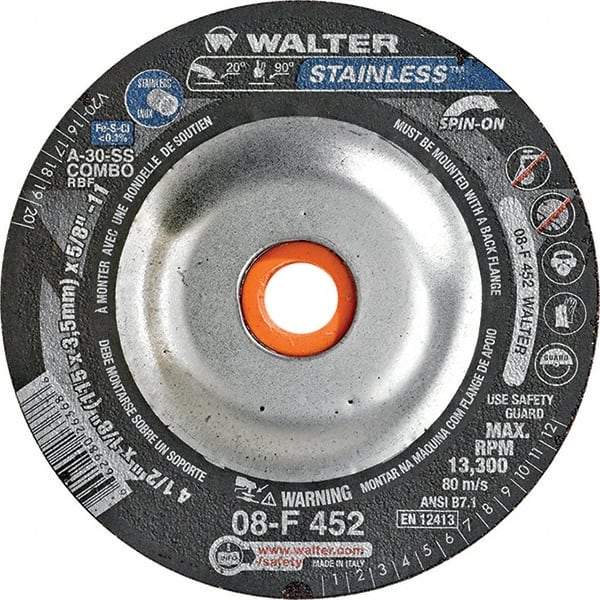 WALTER Surface Technologies - 30 Grit, 4-1/2" Wheel Diam, 1/8" Wheel Thickness, Type 27 Depressed Center Wheel - Aluminum Oxide, Resinoid Bond, 13,300 Max RPM - Exact Industrial Supply
